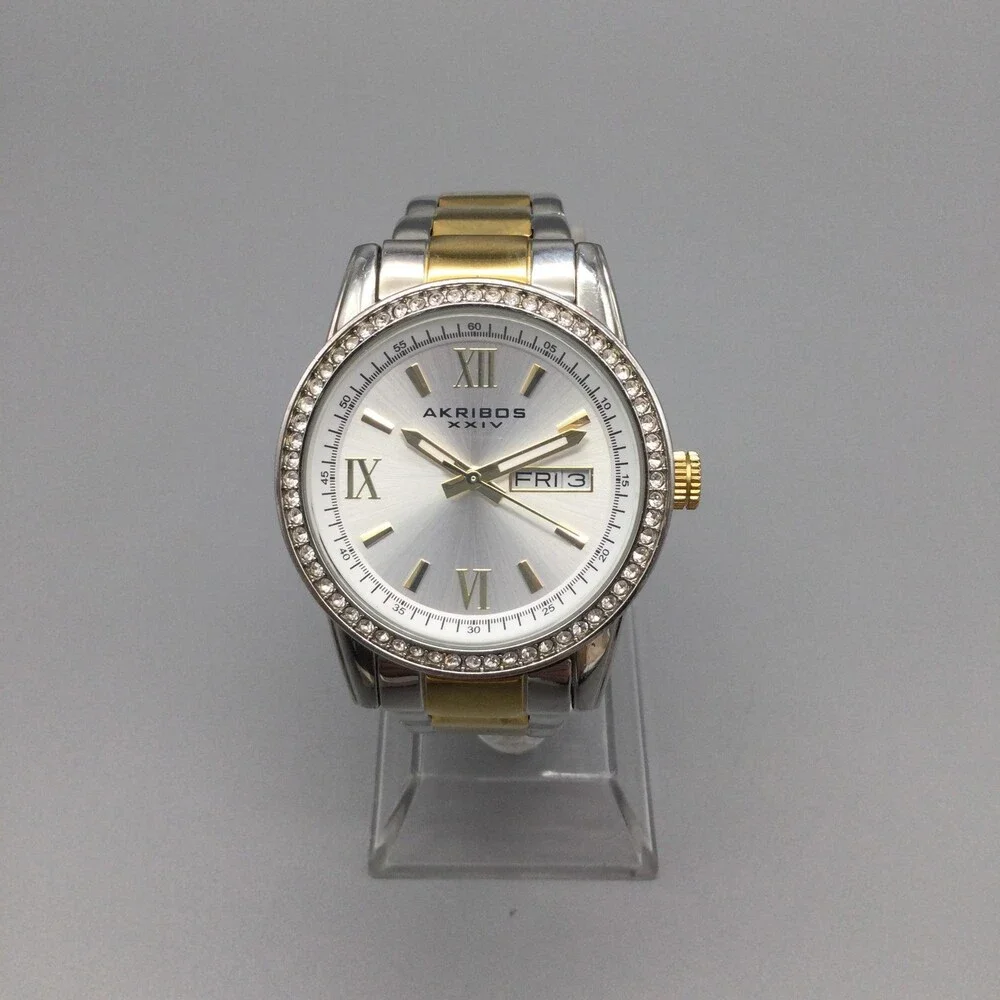 Akribos XXIV Womens Watch 36mm Two Tone Crystal Bezel Day Date New Battery 6